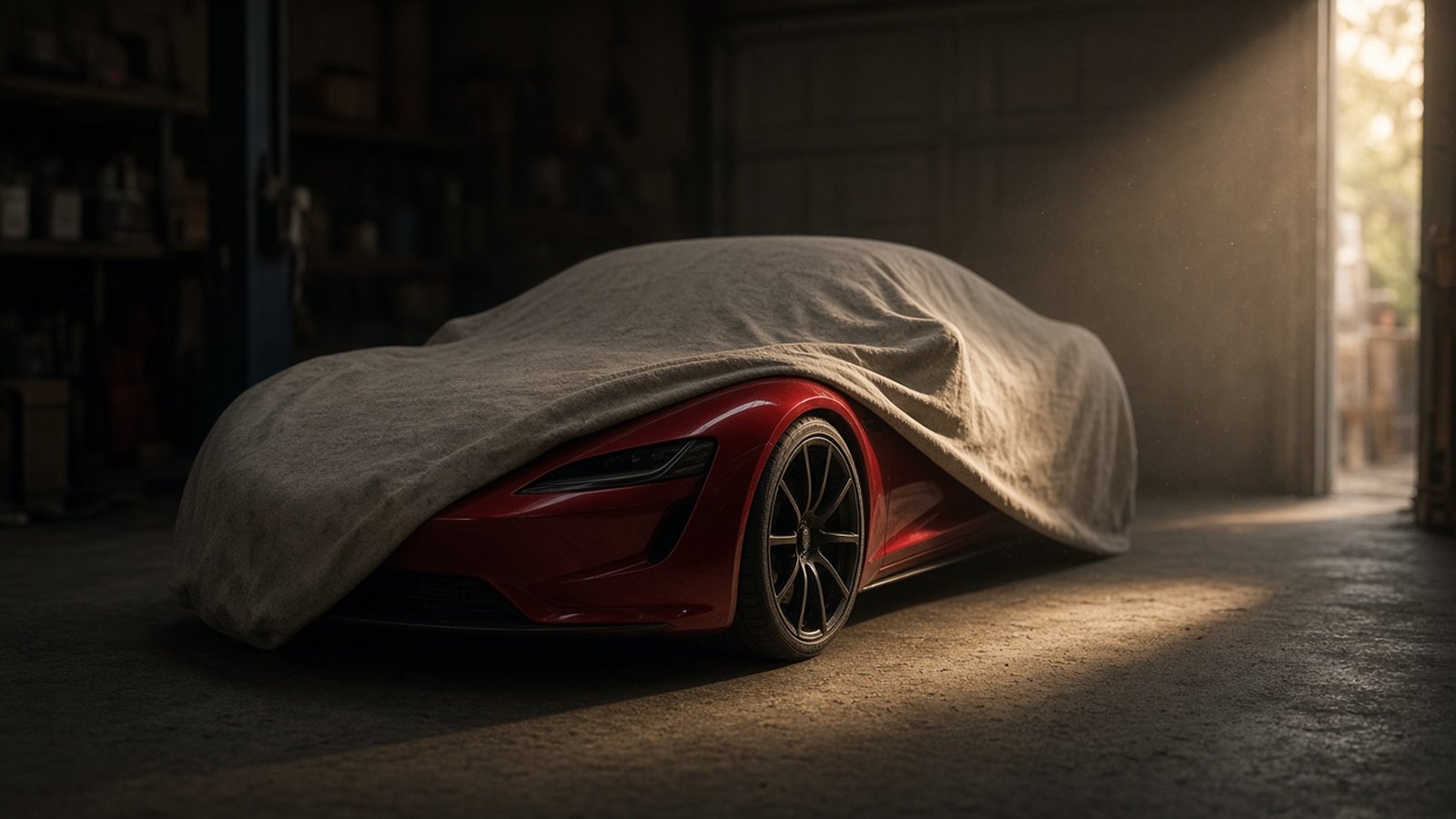 A low red sports coupe sits under a half-pulled gray dust cover in a dim garage, a shaft of daylight from the open door falling across its front wheel.