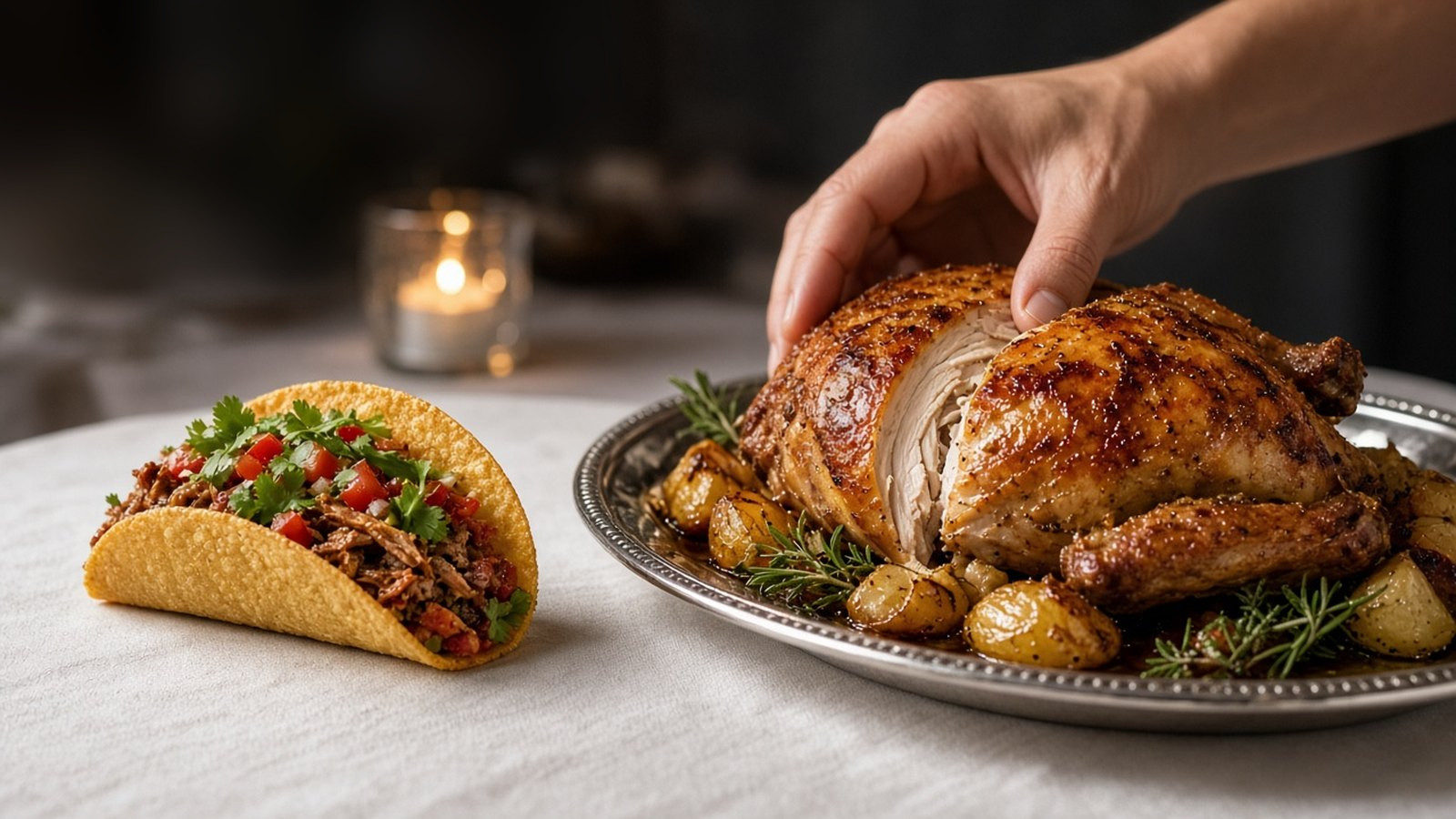 A hard-shell taco with shredded meat, tomato and cilantro sits on a white tablecloth beside a roast chicken on a silver platter, a hand on the bird, by candlelight.