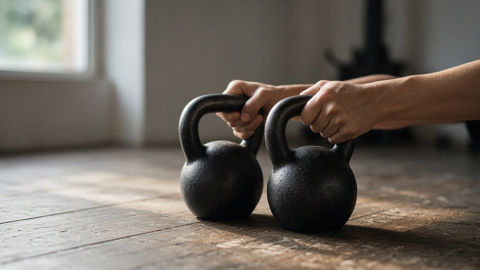 Two hands grip the handles of two black kettlebells standing on a worn wooden floor, seen from low to the side in soft window light.