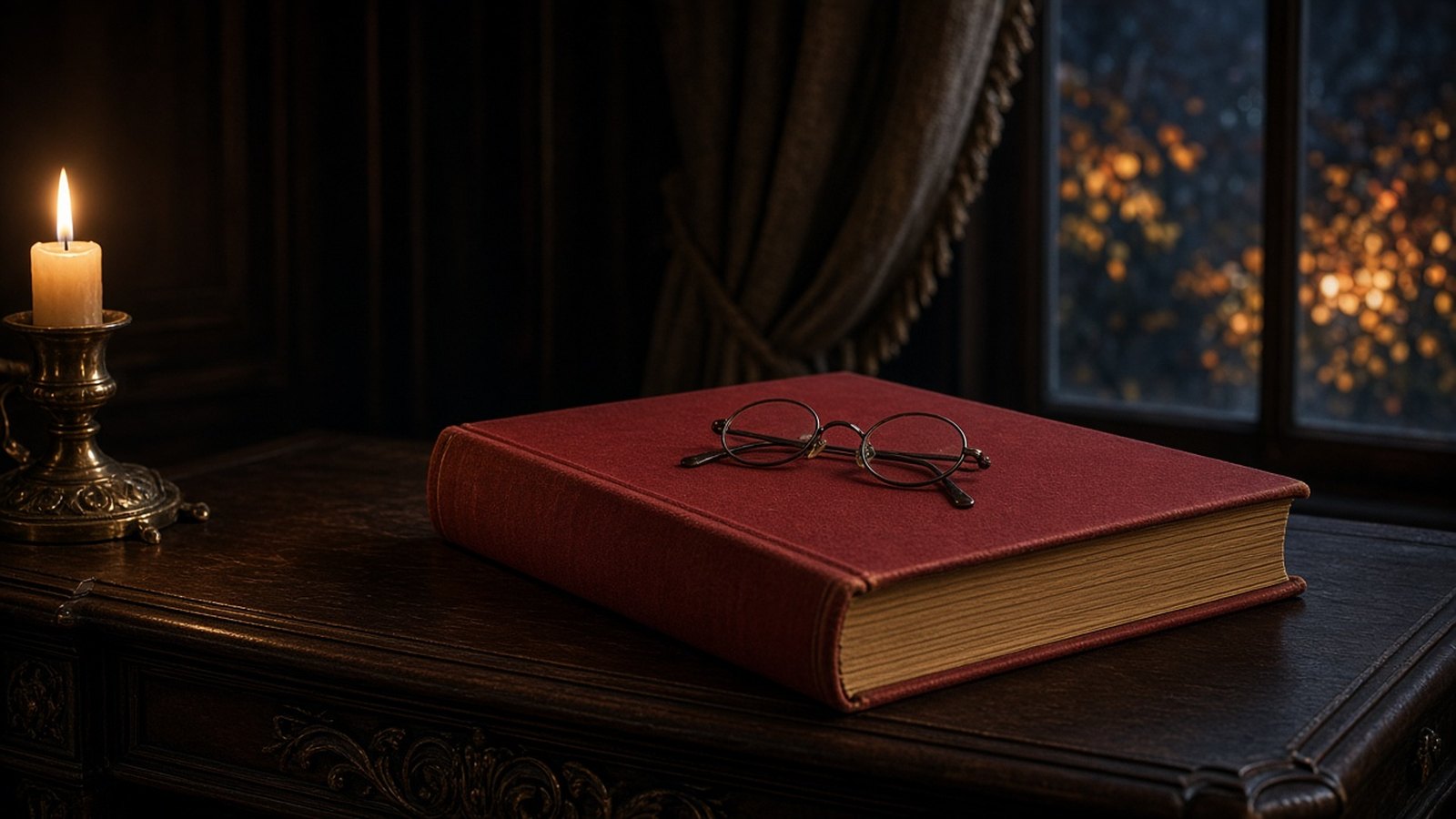 A thick red clothbound book with round wire spectacles on its cover lies on a dark carved desk, lit by one candle, beside a curtained window at night.
