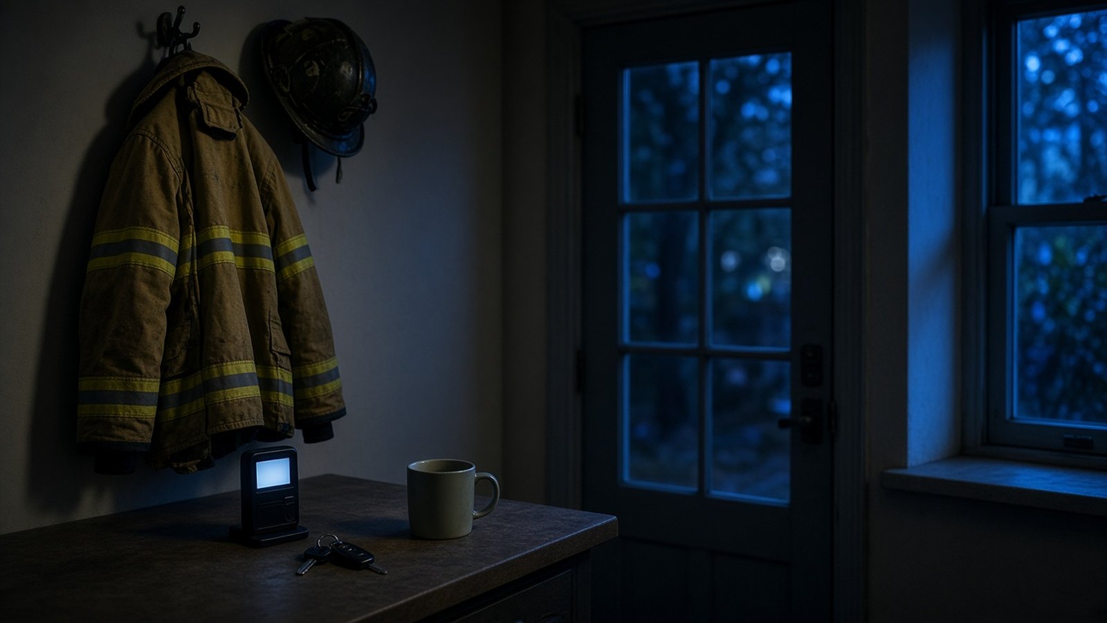 A firefighter's coat and helmet hang on a hook in a dark kitchen, a glowing pager, car keys and a mug on the counter, blue light at the door.