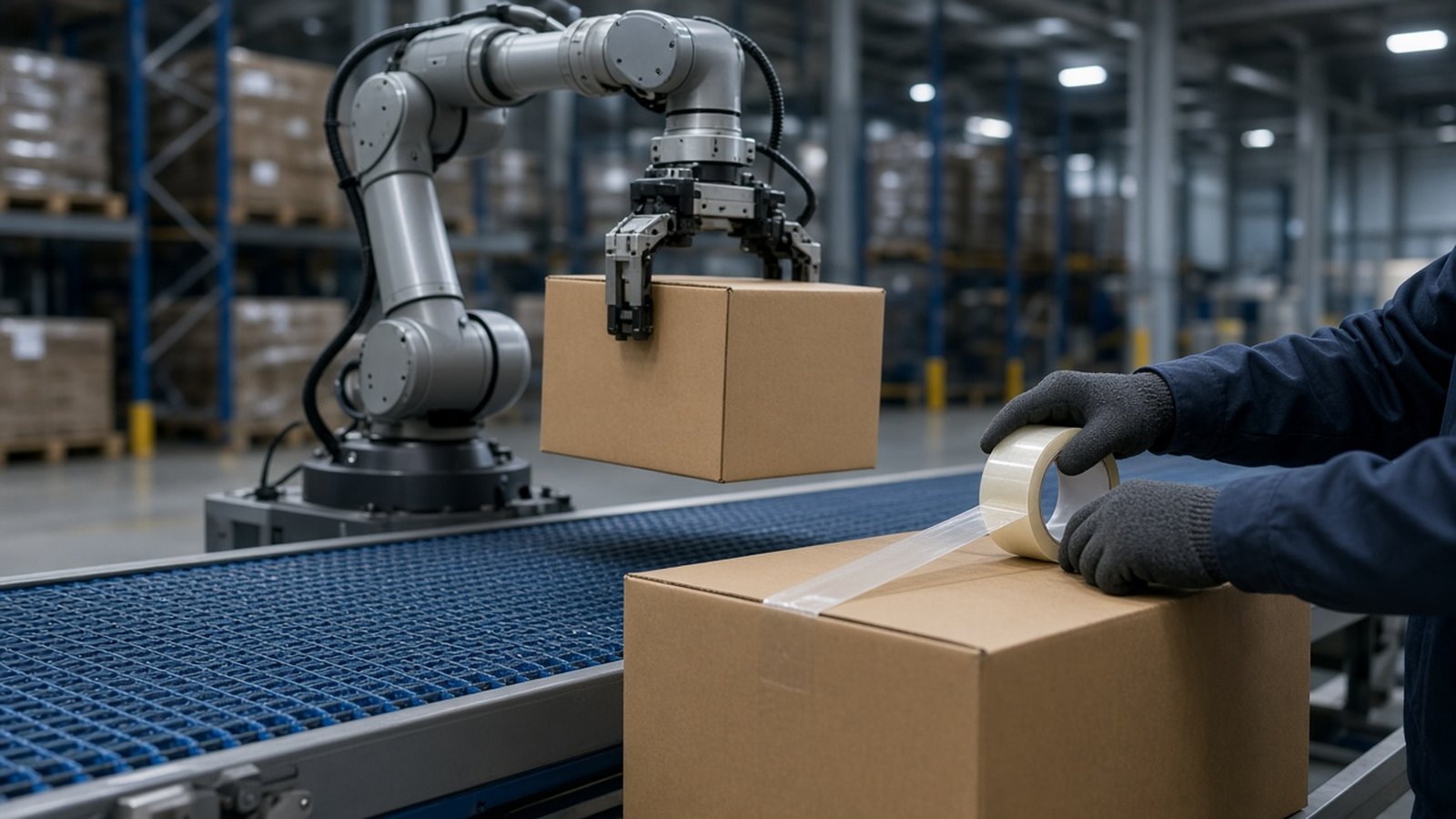 A robotic arm holds a plain cardboard box above a blue conveyor belt in a brightly lit warehouse while a worker's gloved hands tape another box shut in front.