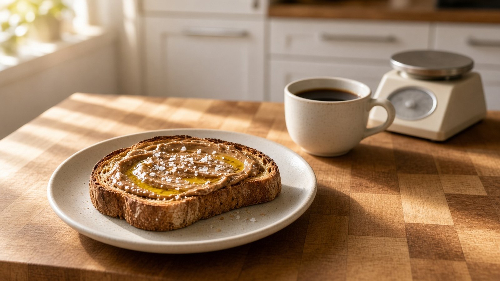 Toast spread with nut butter, olive oil and salt flakes sits on a speckled plate on a butcher-block counter, with black coffee and a kitchen scale in morning sun.