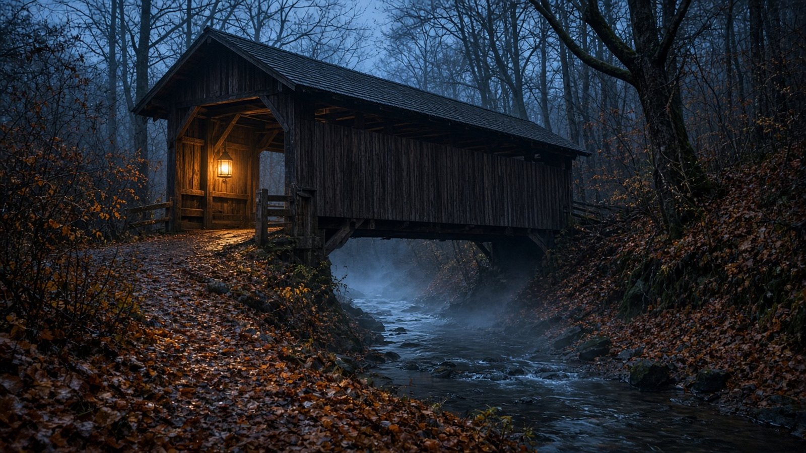 A covered wooden bridge crosses a misty stream in bare autumn woods at dusk, with one lit lantern at its entrance and fallen leaves on the path.