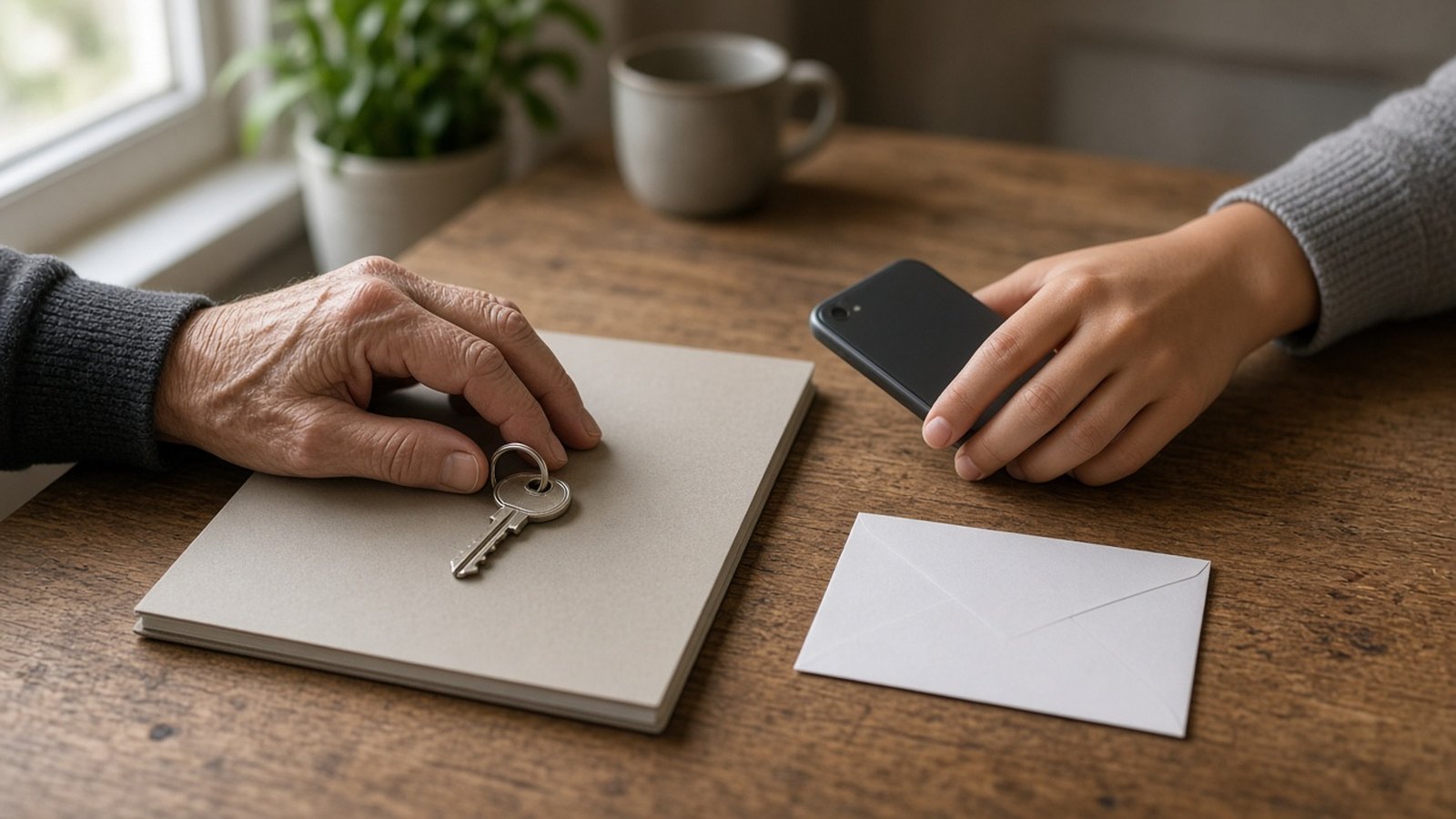 An older hand rests on a closed grey folder and a house key while a younger hand holds a phone across a wooden table in soft window light.
