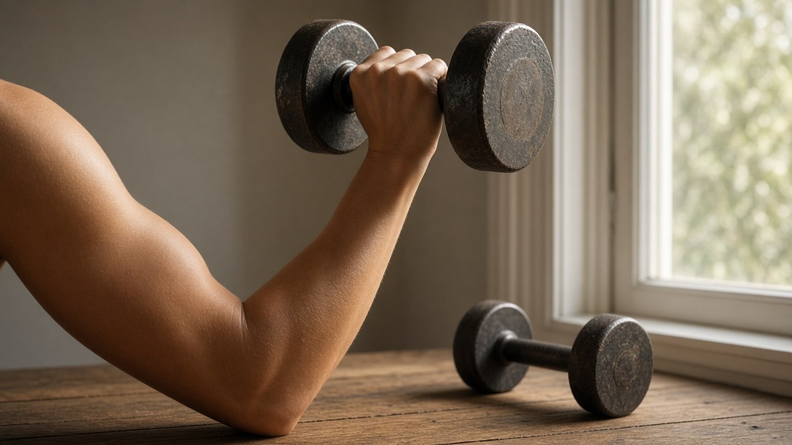 A bare flexed arm curls a worn iron dumbbell beside a bright window, soft side light on the muscle, a second dumbbell resting on the wooden boards below.
