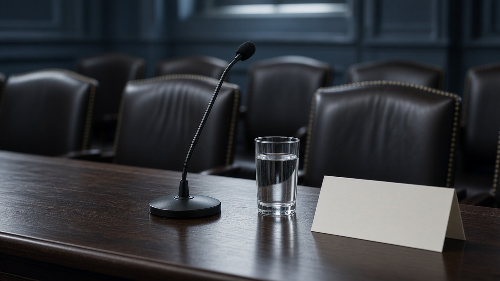 A gooseneck microphone, a glass of water and a blank name card sit on a dark wooden table in front of rows of empty leather chairs in cool blue light.