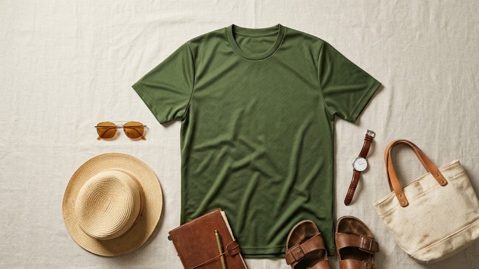 A travel flat-lay on white linen: a green T-shirt, straw hat, sunglasses, wristwatch, leather notebook, sandals and a canvas tote in soft even light.