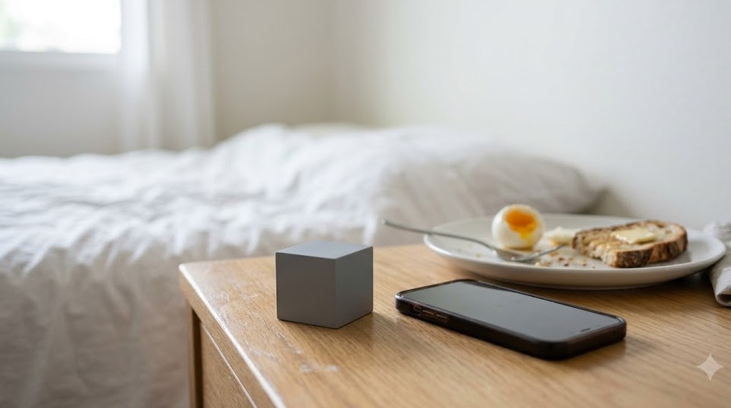A small gray cube device and a smartphone sit on a wooden bedside table beside a breakfast plate, a white bed soft in the morning light.