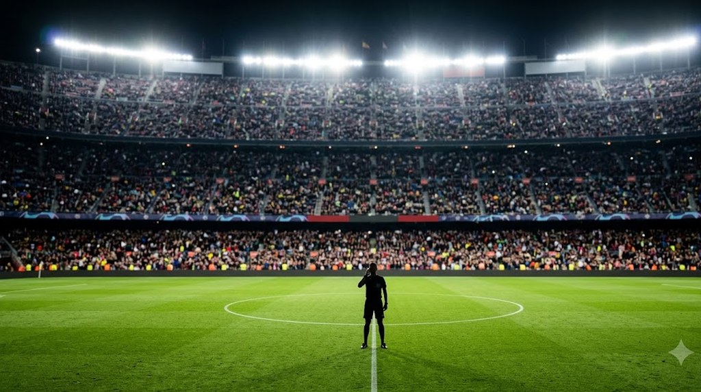 A lone player stands on a floodlit green field at night, facing tiers of a packed stadium under a bright row of lights.