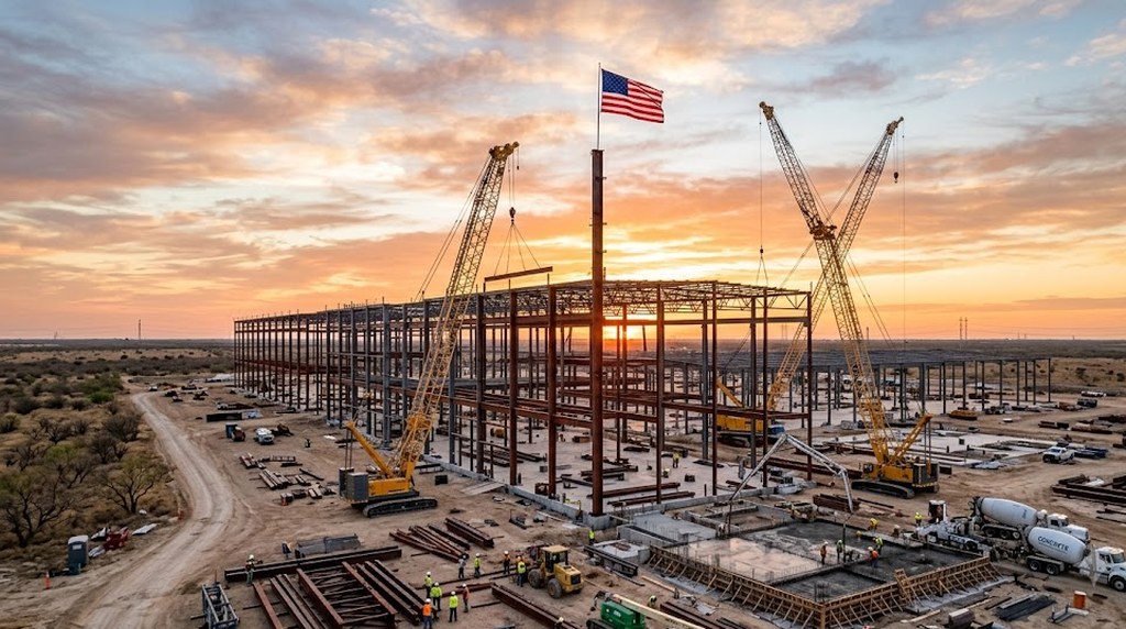 Yellow cranes lift steel over a large half-built frame at sunset, a flag flying above the site and workers in orange vests below.