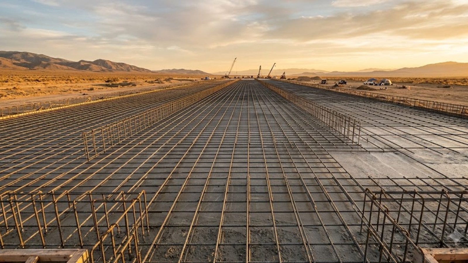 A wide grid of steel rebar laid for a new concrete foundation stretches across a dry inland valley at golden hour, cranes and bare mountains beyond.