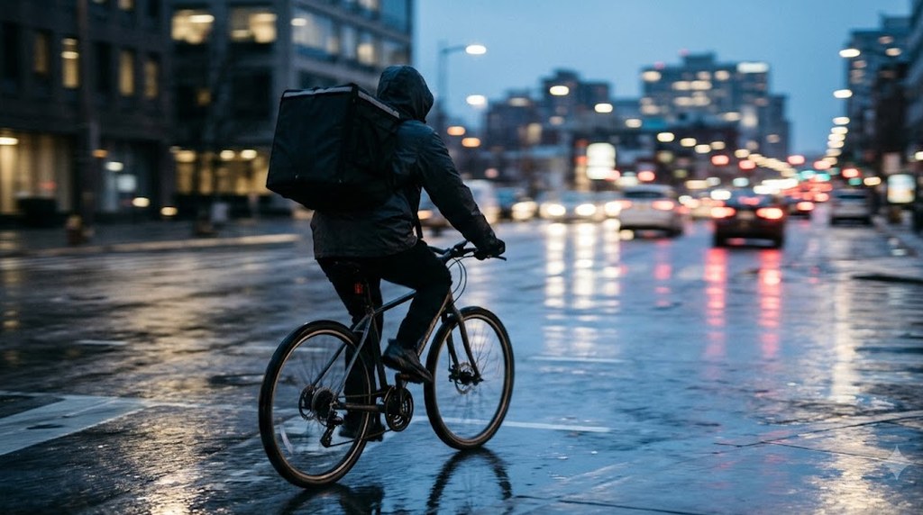 A cyclist in a hooded jacket pedals along a rain-slick city street at dusk as car headlights and taillights stream past behind him.