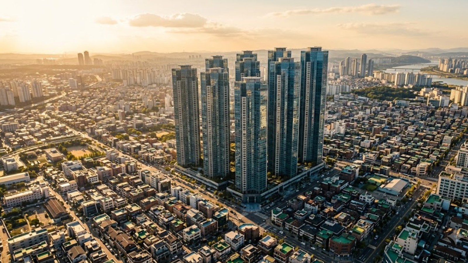An aerial view of a dense Asian city at golden hour, a cluster of glass apartment towers rising above low rooftops that stretch to a hazy river.