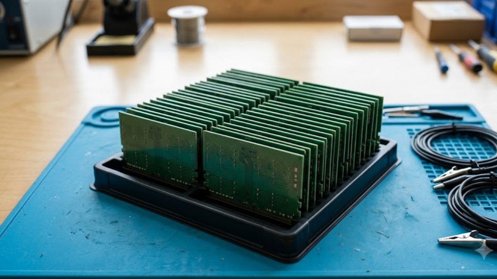 Dozens of green memory modules stand upright in a black tray on a blue anti-static mat, coiled test leads and tools on the bench behind.