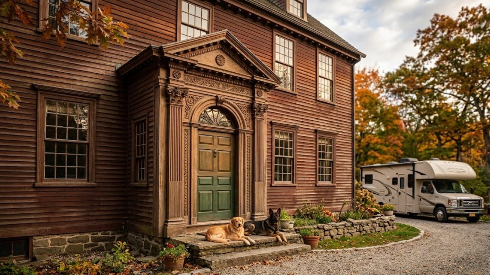 A dark clapboard colonial house with a carved green front door under autumn trees, two dogs resting on the stone step and a camper on the gravel drive.