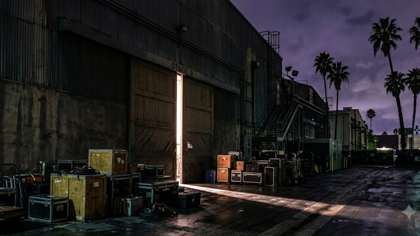 A film studio backlot at night, equipment cases stacked outside a tall soundstage door with light spilling out, palm trees against a purple sky.