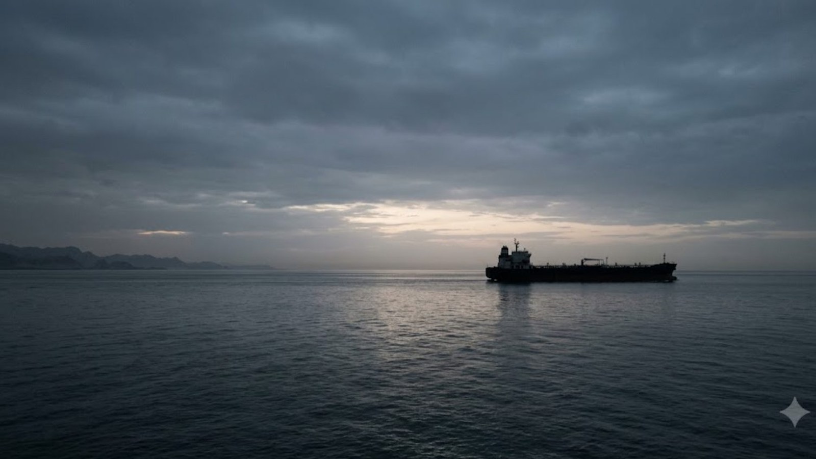 A loaded tanker crosses a dark, calm sea under heavy gray clouds at dusk, a pale band of light along the horizon.