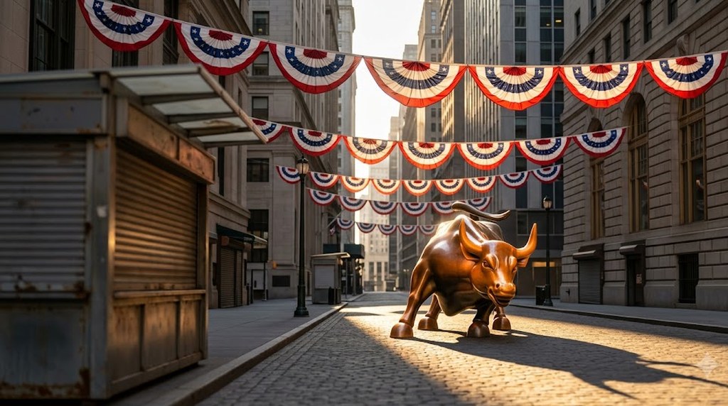 The bronze bull statue stands on an empty cobblestone street in morning light, red, white and blue bunting strung between the old stone buildings.