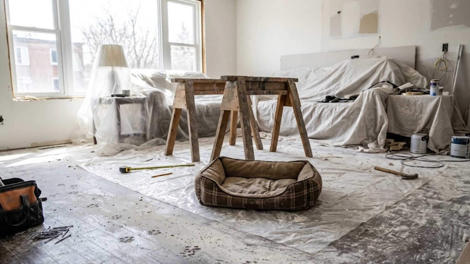 A house mid-renovation in daylight: furniture under drop cloths, sawhorses on plastic sheeting, paint cans and tools scattered across a dusty floor.