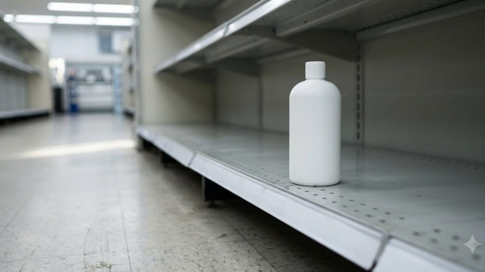 A single unlabeled white bottle stands on an otherwise bare metal supermarket shelf, the empty aisle stretching away under flat fluorescent light.
