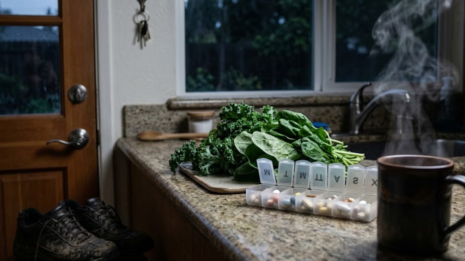 Worn leather shoes sit by a kitchen door beside a counter with fresh greens, a weekly pill organizer and a steaming mug in morning light.