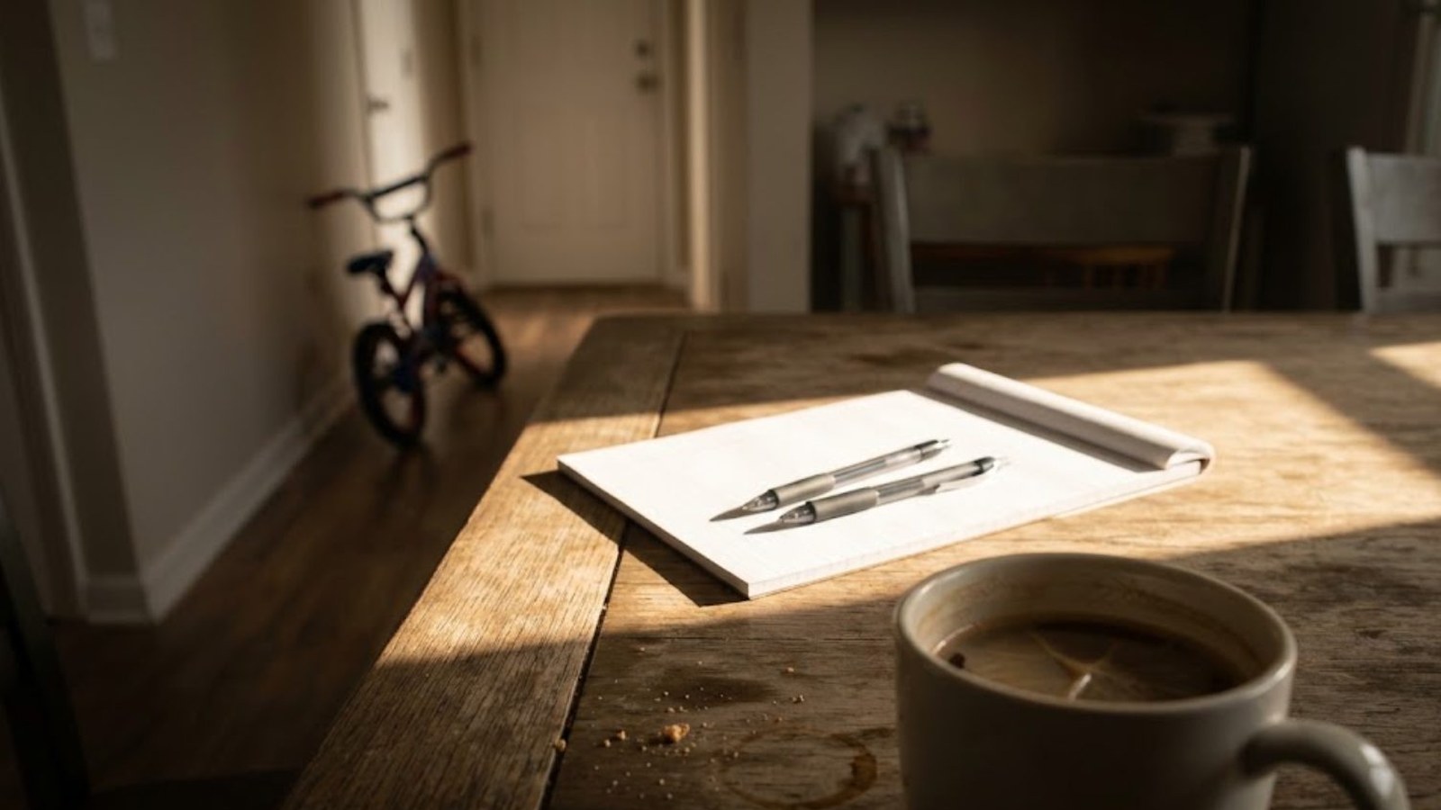A dim, quiet room with a cup of coffee and a notepad holding two pens on a wooden table, a child's bicycle leaning in the hallway behind.