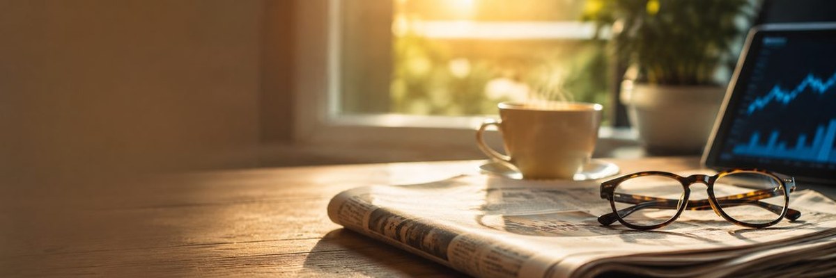 Reading glasses rest on a folded newspaper beside a cup of coffee on a wooden table, a laptop chart glowing in warm late-afternoon window light.