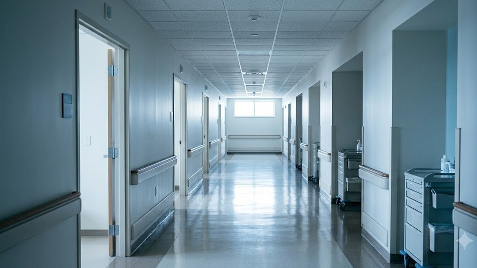 An empty hospital corridor in cool daylight, pale walls and handrails, a supply cart by a door and a window glowing at the far end.