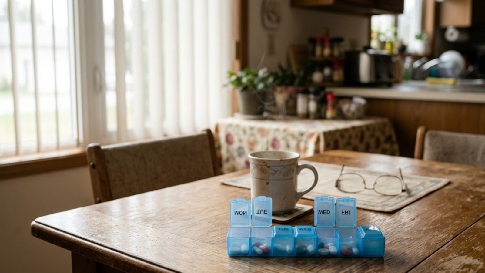 A weekly pill organizer, a mug and a pair of reading glasses sit on a worn wooden kitchen table in soft morning window light.