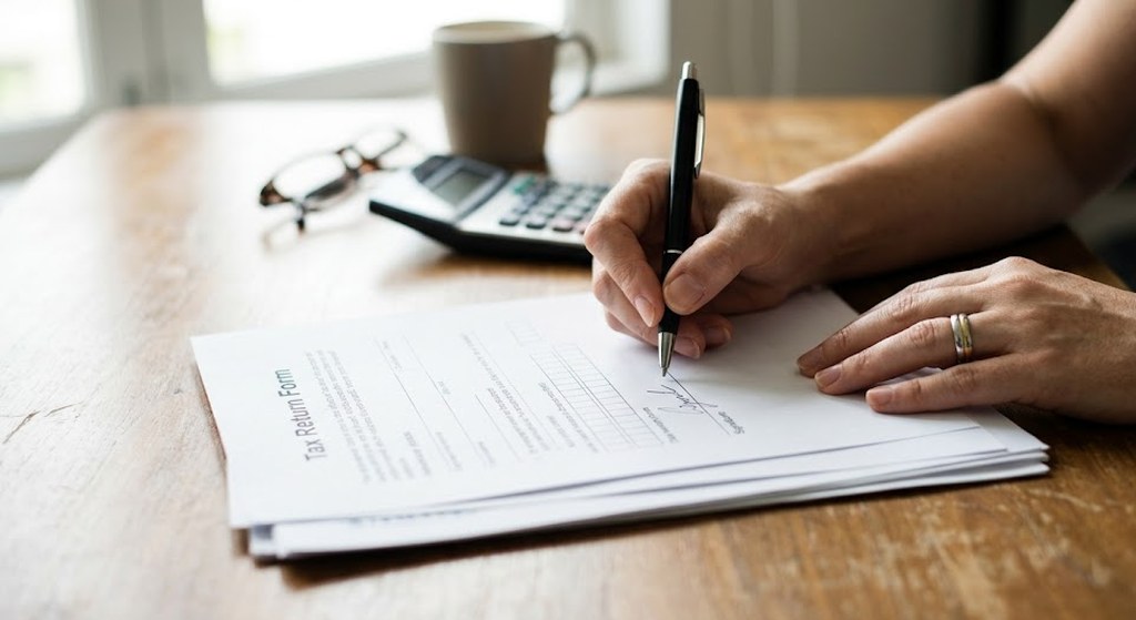 A hand signs a thick printed form at a wooden table, with a calculator, folded reading glasses and a mug beside it in soft window light.