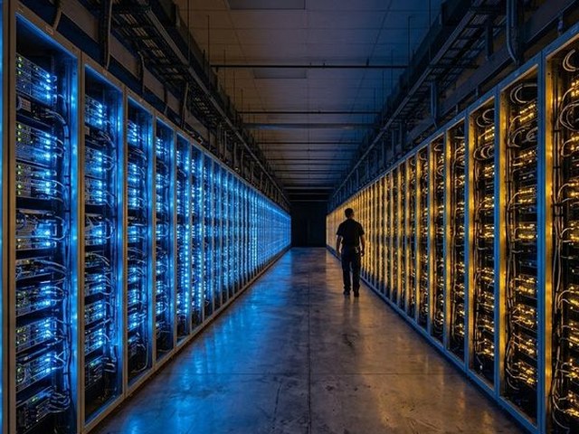 A lone technician walks down a long data-center aisle between rows of server racks glowing blue and amber in the dark.