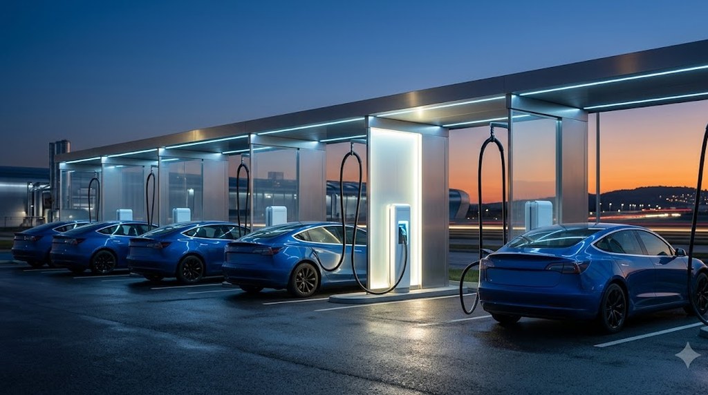 Blue electric cars plug into chargers under a lit canopy at dusk, the pavement wet and a distant hillside glowing orange on the horizon.