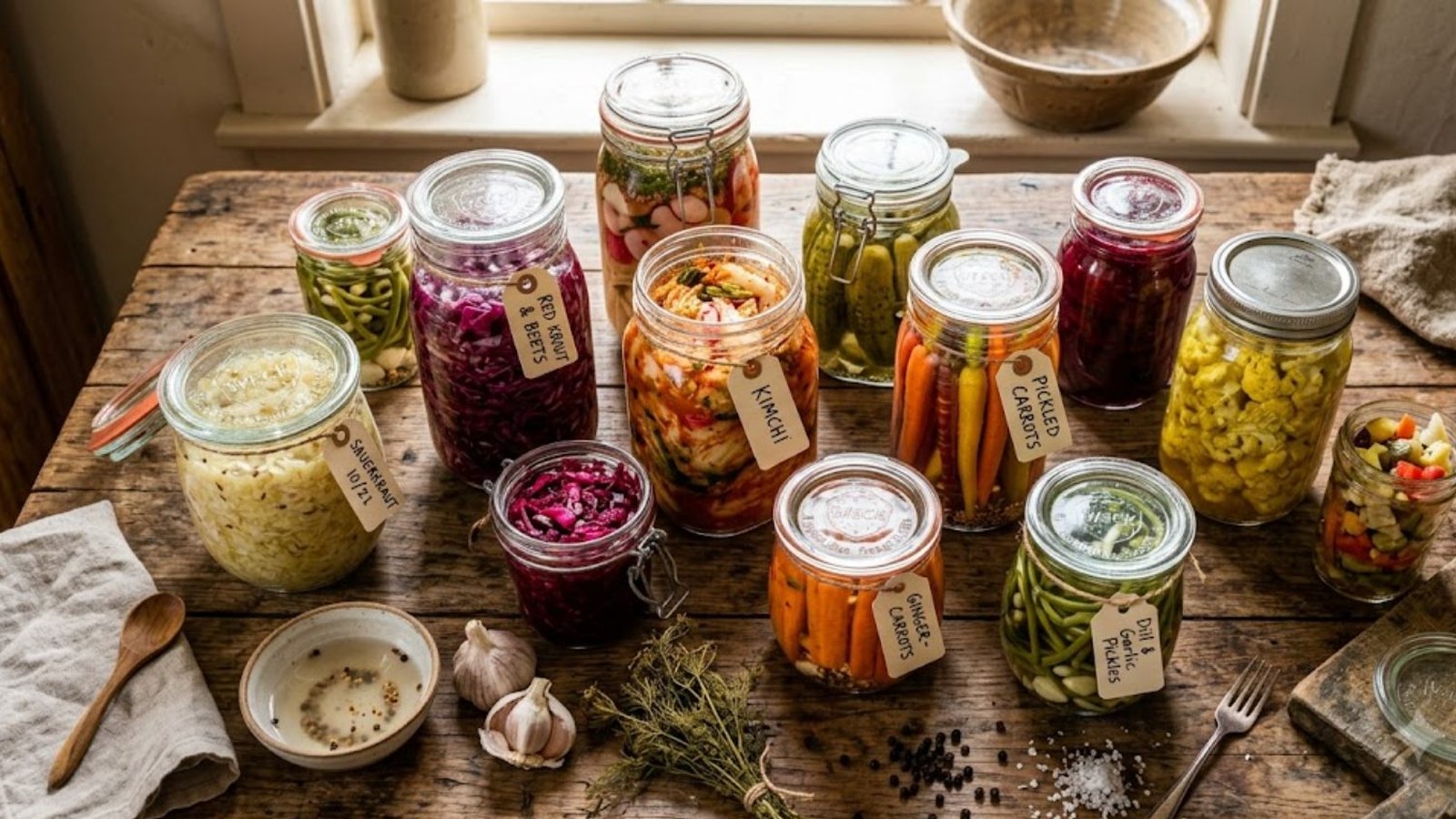 Glass jars of fermented vegetables, cabbage, carrots and pickles, crowd a rustic wooden table by a window, with garlic, herbs and a wooden spoon beside them.