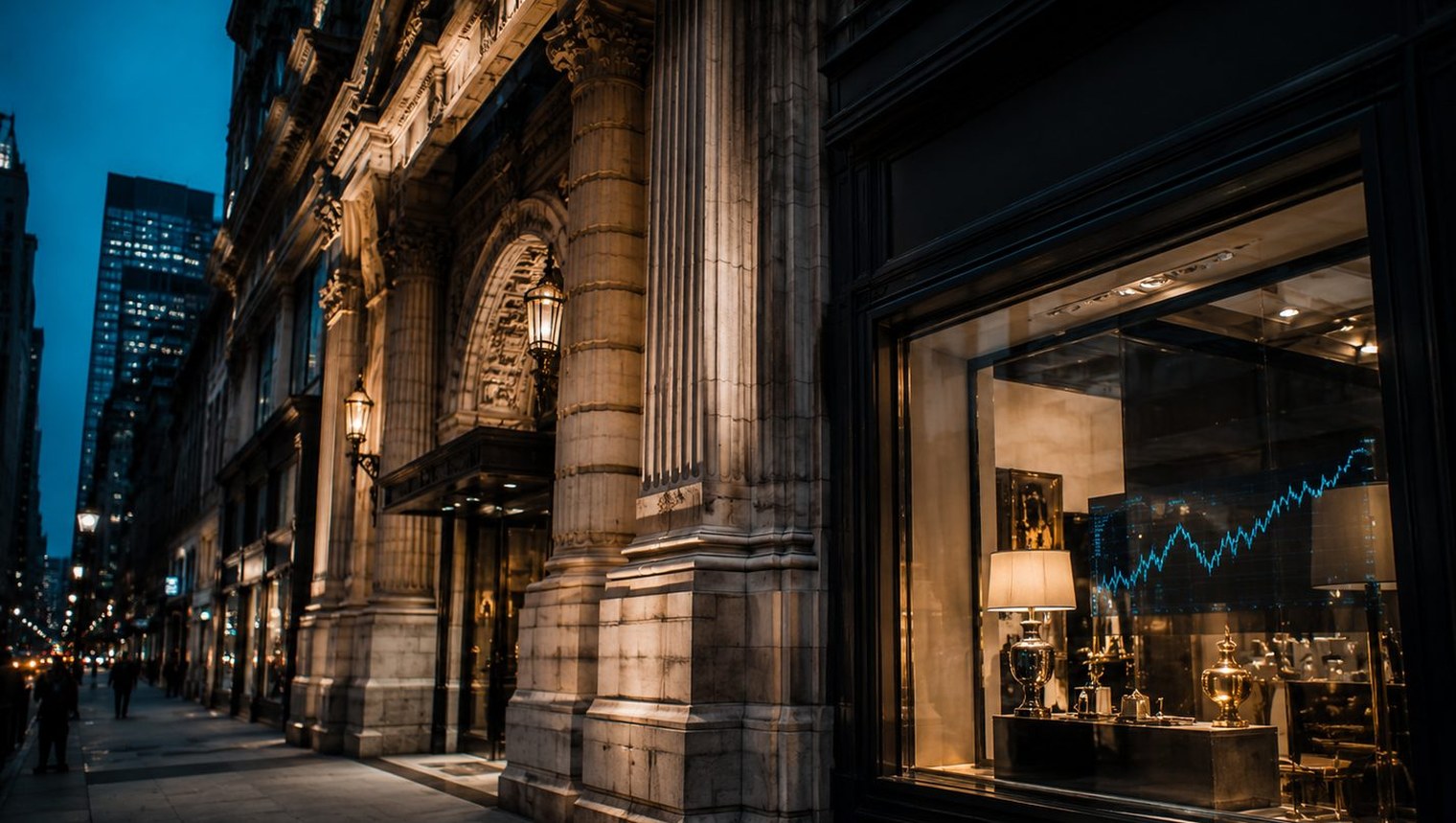 A lit luxury shop window on a stone-columned city street at dusk, brass lamps and polished objects on display, the sidewalk nearly empty.