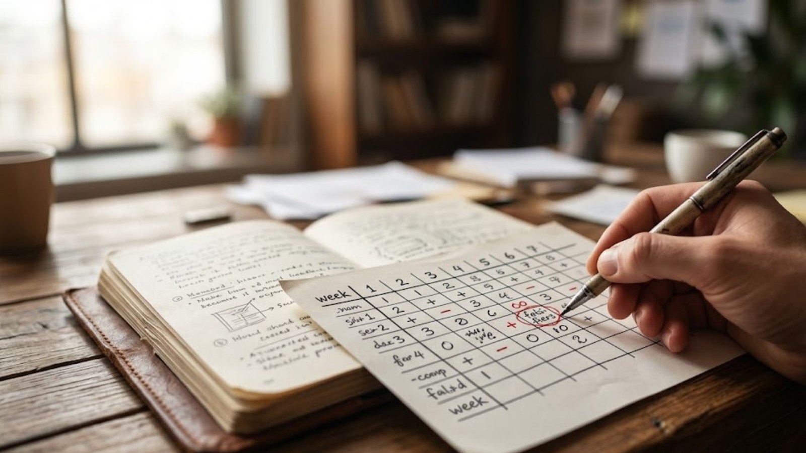 A hand writes with a pen on a ruled grid laid over an open notebook, on an old wooden desk by a window in warm light.