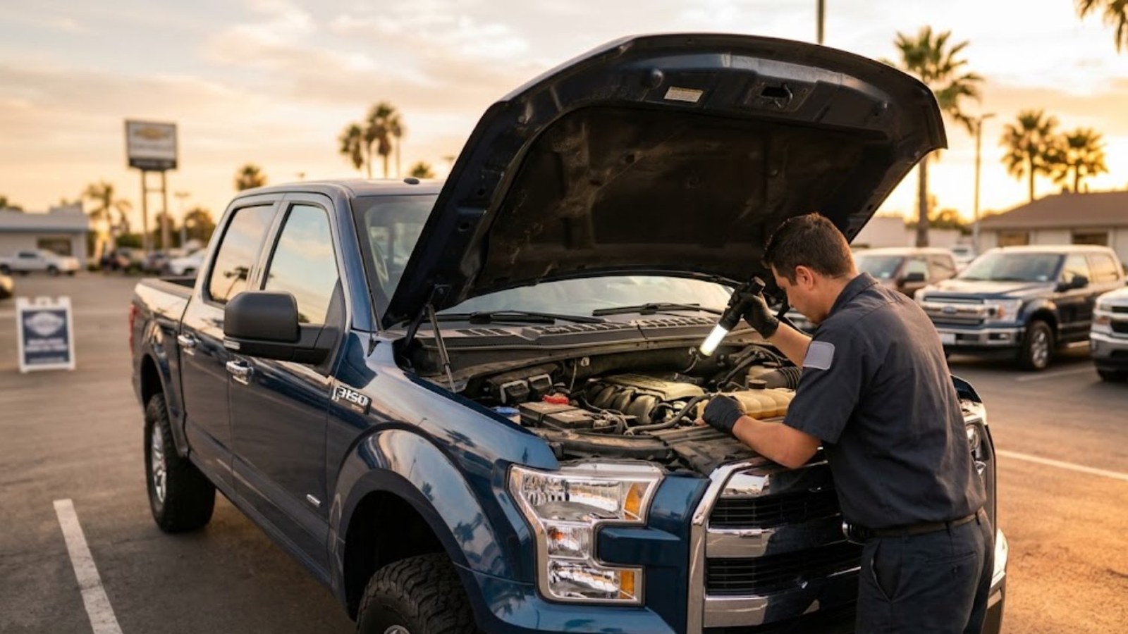 A mechanic leans under the open hood of a blue pickup in a palm-lined lot at sunset, shining a work light into the engine bay.