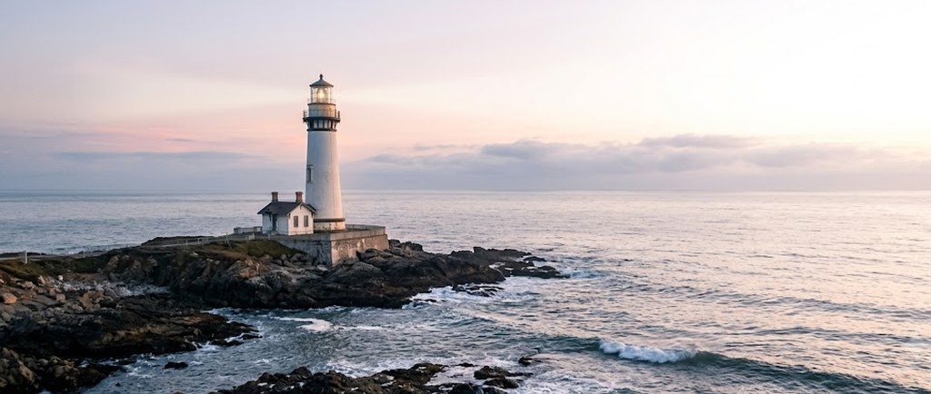 A white lighthouse stands on dark coastal rocks at dawn, waves breaking white around the point under a pale pink sky over a calm sea.