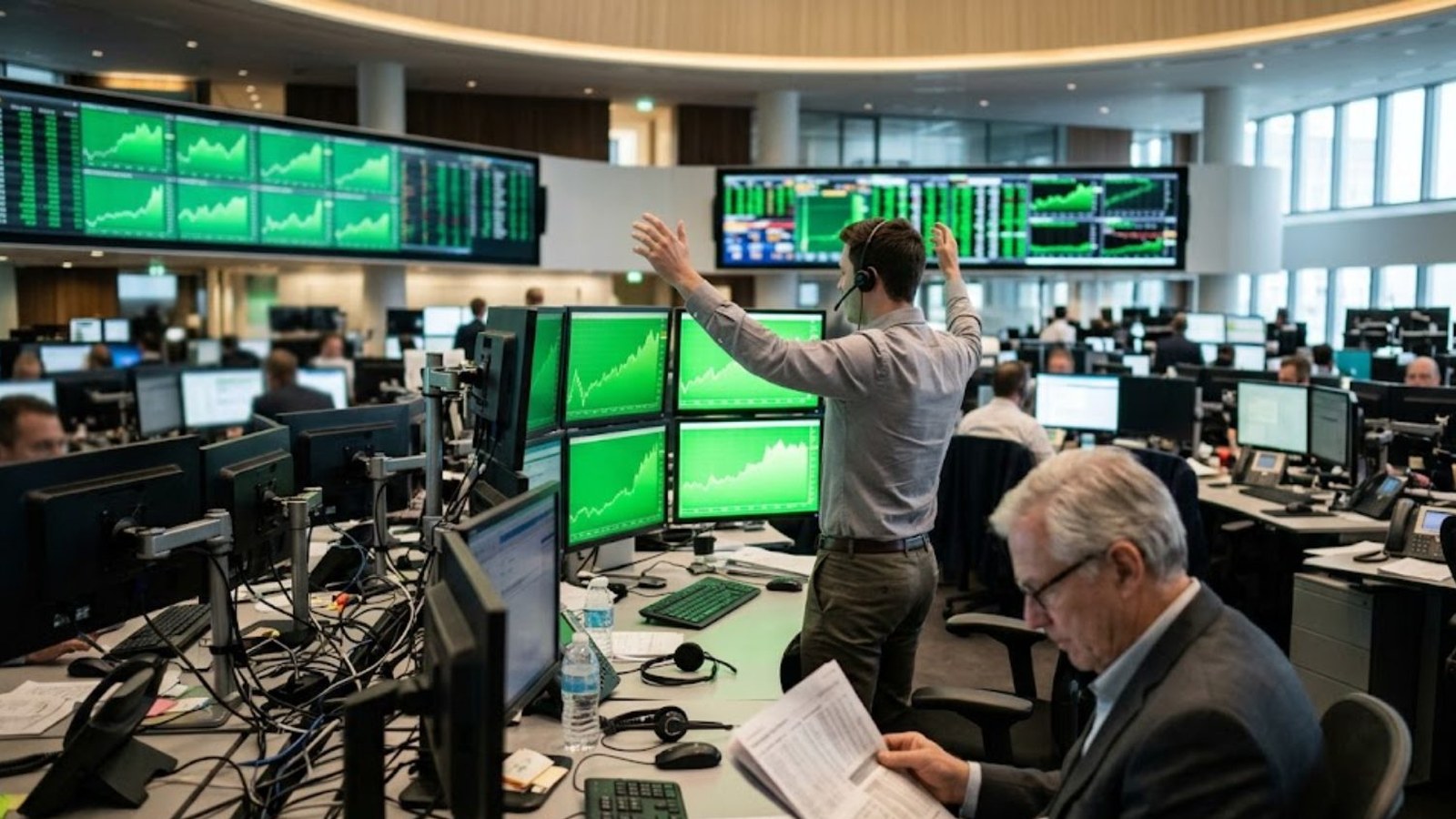 A trader in a headset raises both arms before a bank of green chart screens on a busy trading floor while a colleague reads a printout.