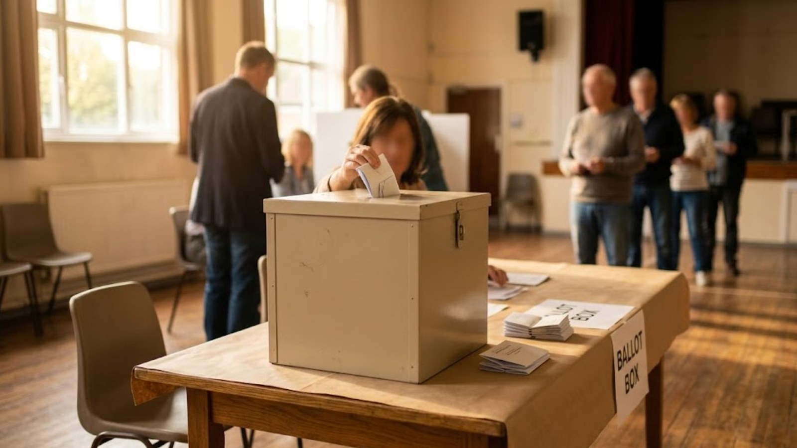 A voter drops a ballot into a plain box on a table in a sunlit community hall while others wait in line on the wooden floor.