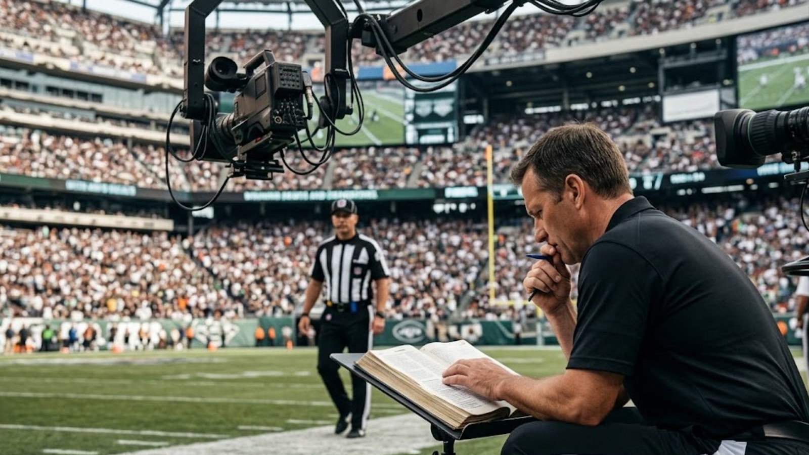 On a football sideline before a packed stadium, a man in a black shirt studies a thick rulebook on a stand while a referee walks past behind him.