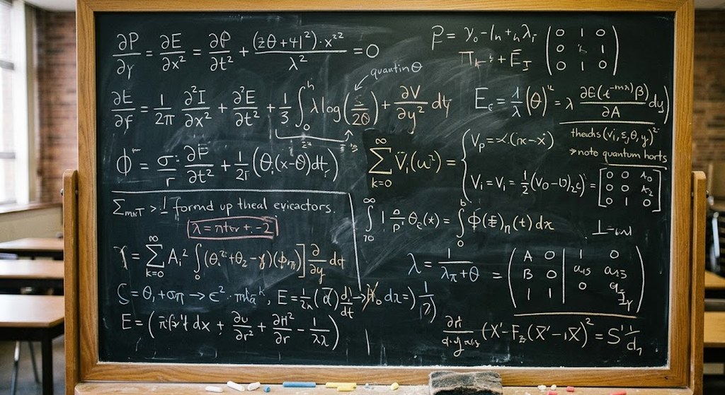 A classroom chalkboard covered edge to edge in handwritten equations stands before empty desks, chalk and an eraser resting on its wooden ledge.