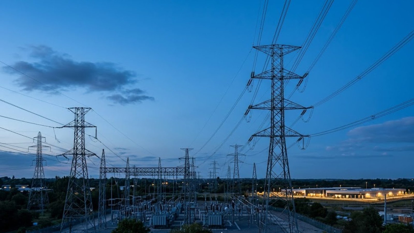 High-voltage transmission towers and a fenced electrical substation stand at blue hour, a long low building lit up on the far side of the field.