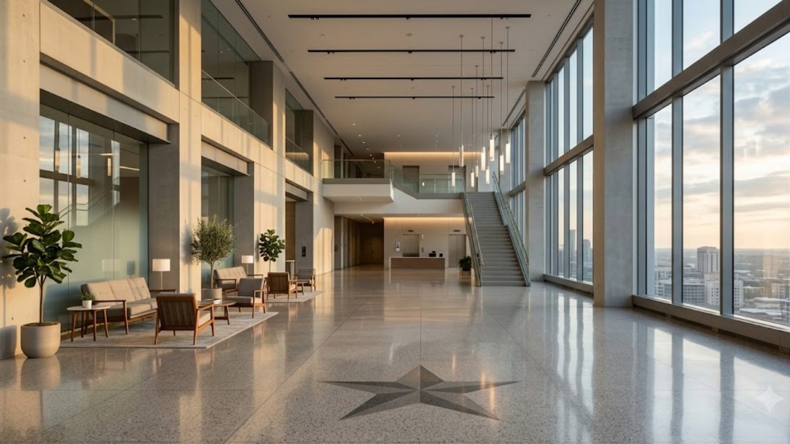 An empty office lobby at dusk, lounge chairs grouped by tall windows, a staircase rising to a mezzanine and a star set into the terrazzo floor.