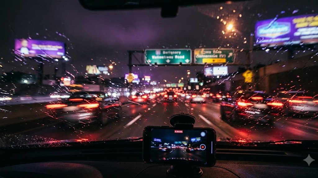 A phone glows in a dashboard mount as a car crawls through rainy night freeway traffic, brake lights and overhead signs blurred through the windshield.
