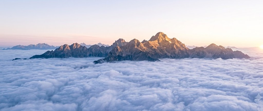 A ridge of jagged mountain peaks rises above a still sea of white clouds at sunrise, the sky pale and the first light warm on the rock.