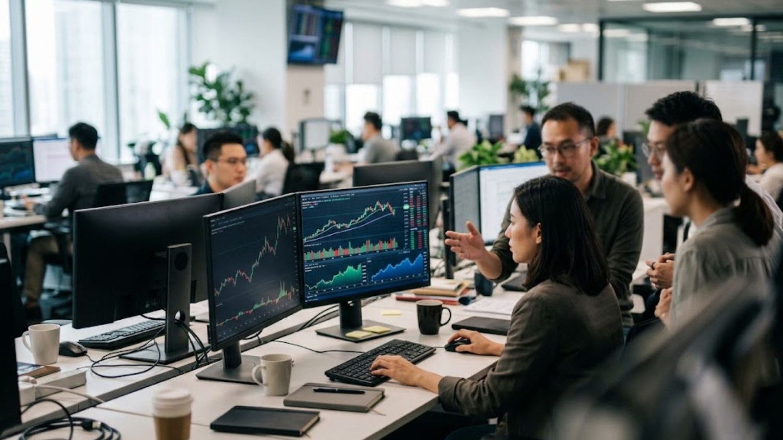 Young traders crowd around desks of monitors showing candlestick and line charts in a bright open-plan office, coffee cups and notebooks between the keyboards.