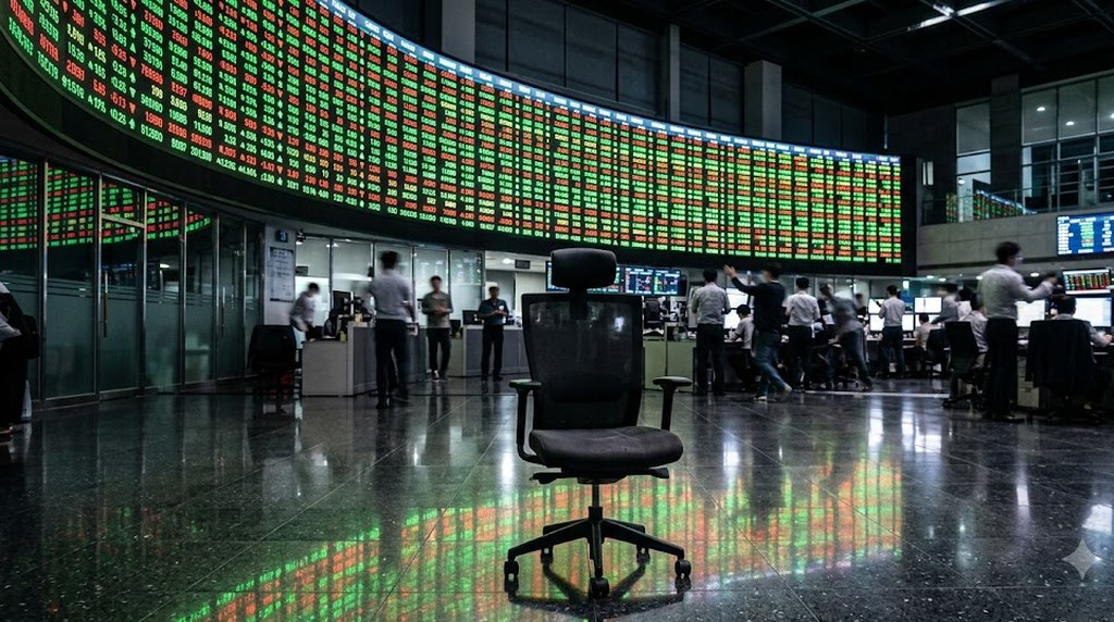 An empty black office chair sits on a polished trading floor beneath a curved wall of red and green price tickers, traders blurred behind it.
