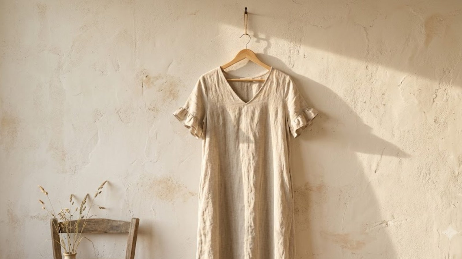 A pale linen dress hangs from a hook on a plaster wall in warm side light, beside a wooden chair and a vase of dried stems.