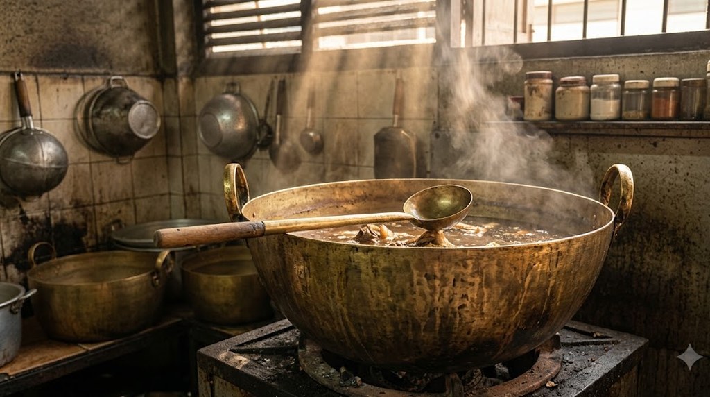 A large brass pot of stew steams on an old gas burner in a worn kitchen, a long wooden ladle resting across its rim.